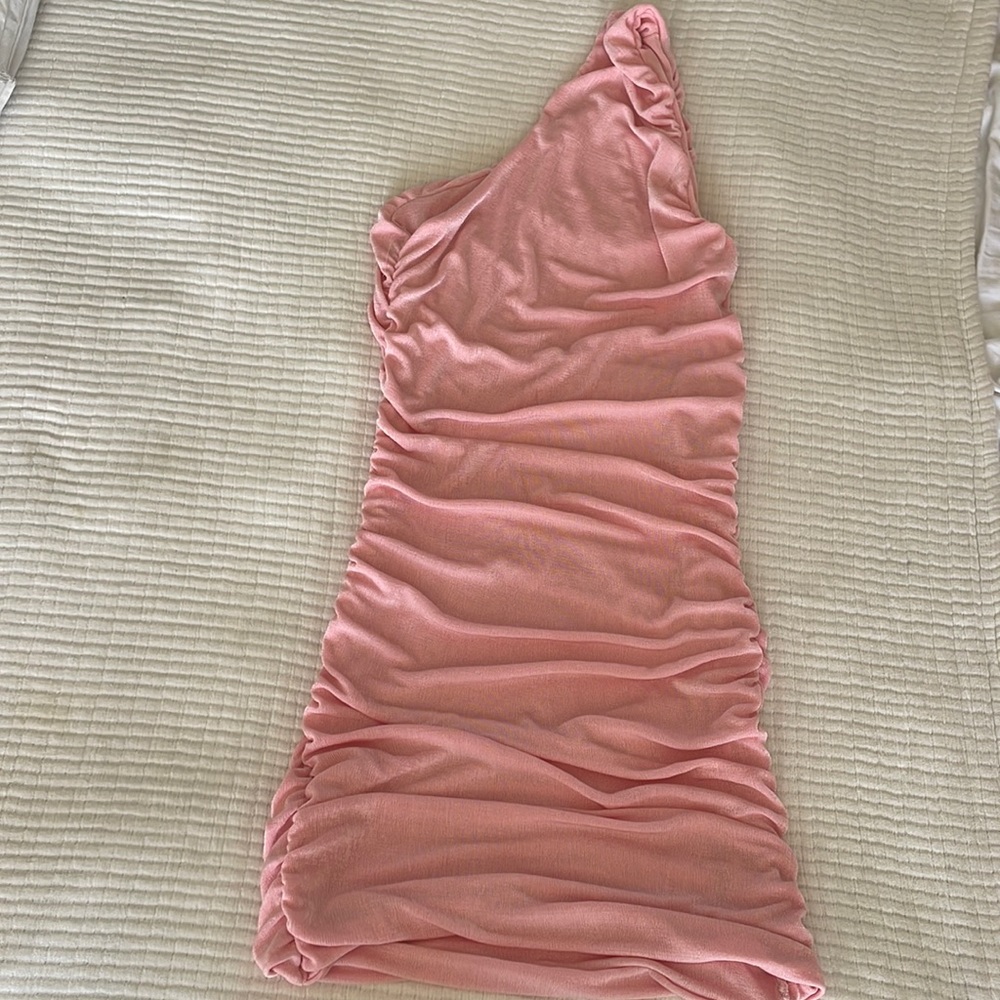 Pink one shoulder ruched dress